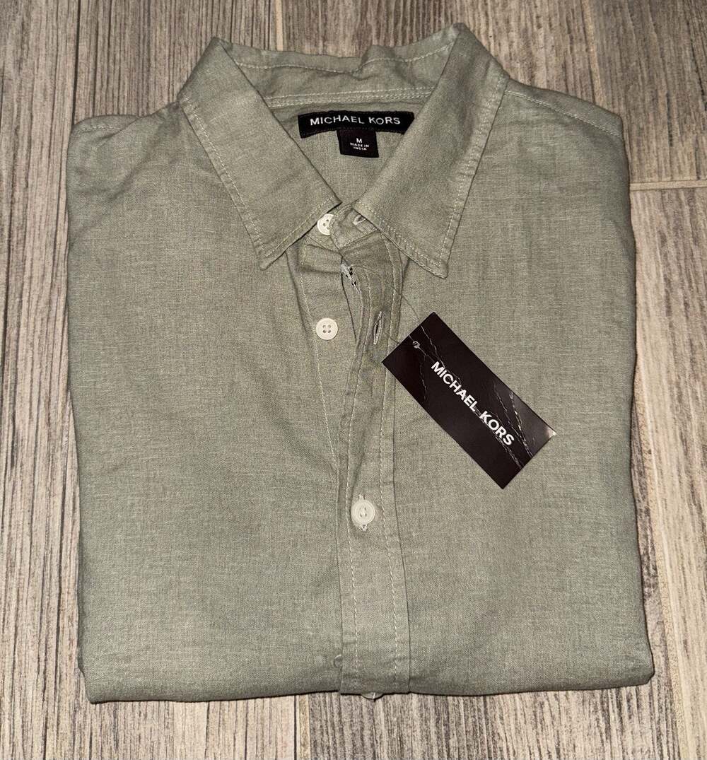 Michael Kors Men's Linen Short Sleeve Button-Up Shirt, Green Solid, M